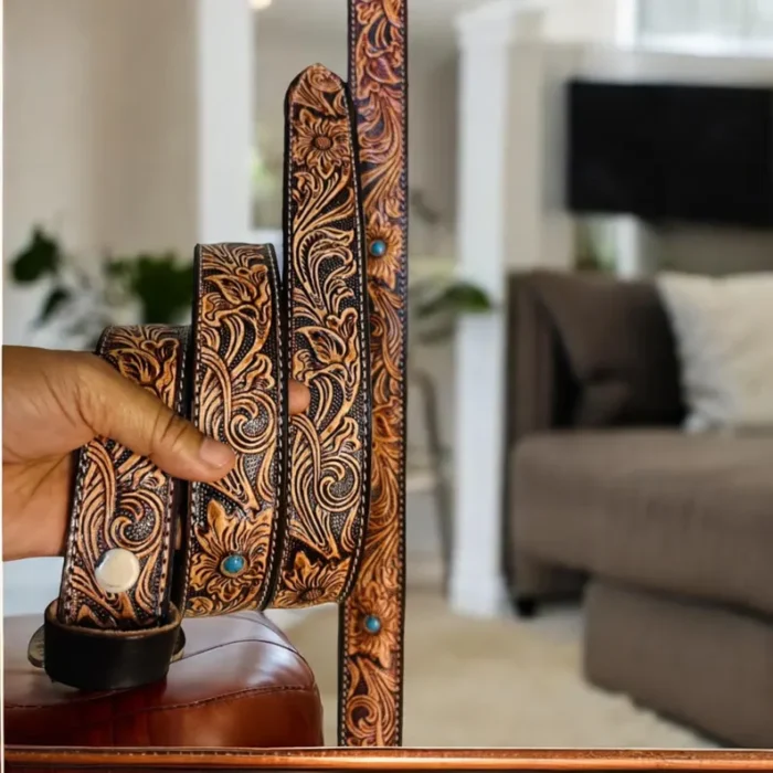 Western Embossed Leather Belt, Custom Full Grain Snap Belt, Bohemian Style Floral Leather Belt, Hand tooled leather belts, Gift for men - Image 2