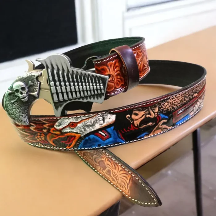 Handmade Western Floral Leather Belt with Buckle, Leather Snap-On Belt,Full Grain Cowhide with Snaps, Cowboy Belt Gift For Dad Birthday gift - Image 3