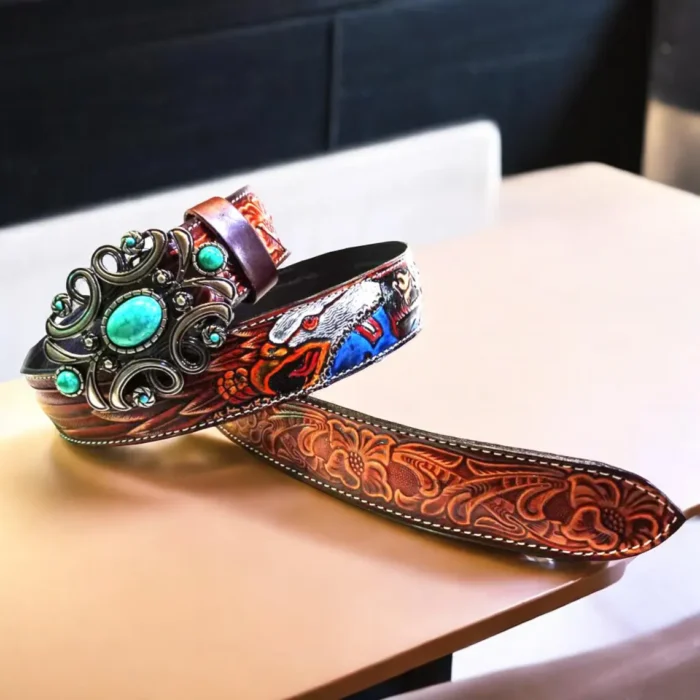 Handmade Western Floral Leather Belt with Buckle, Leather Snap-On Belt,Full Grain Cowhide with Snaps, Cowboy Belt Gift For Dad Birthday gift - Image 8
