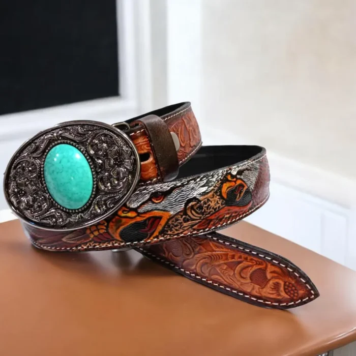 Handmade Western Floral Leather Belt with Buckle, Leather Snap-On Belt,Full Grain Cowhide with Snaps, Cowboy Belt Gift For Dad Birthday gift - Image 2
