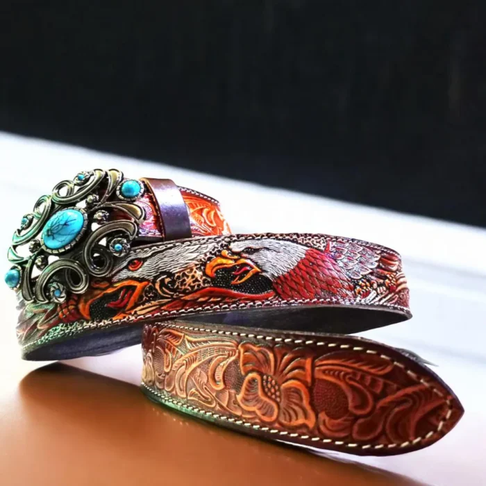 Handmade Western Floral Leather Belt with Buckle, Leather Snap-On Belt,Full Grain Cowhide with Snaps, Cowboy Belt Gift For Dad Birthday gift - Image 7
